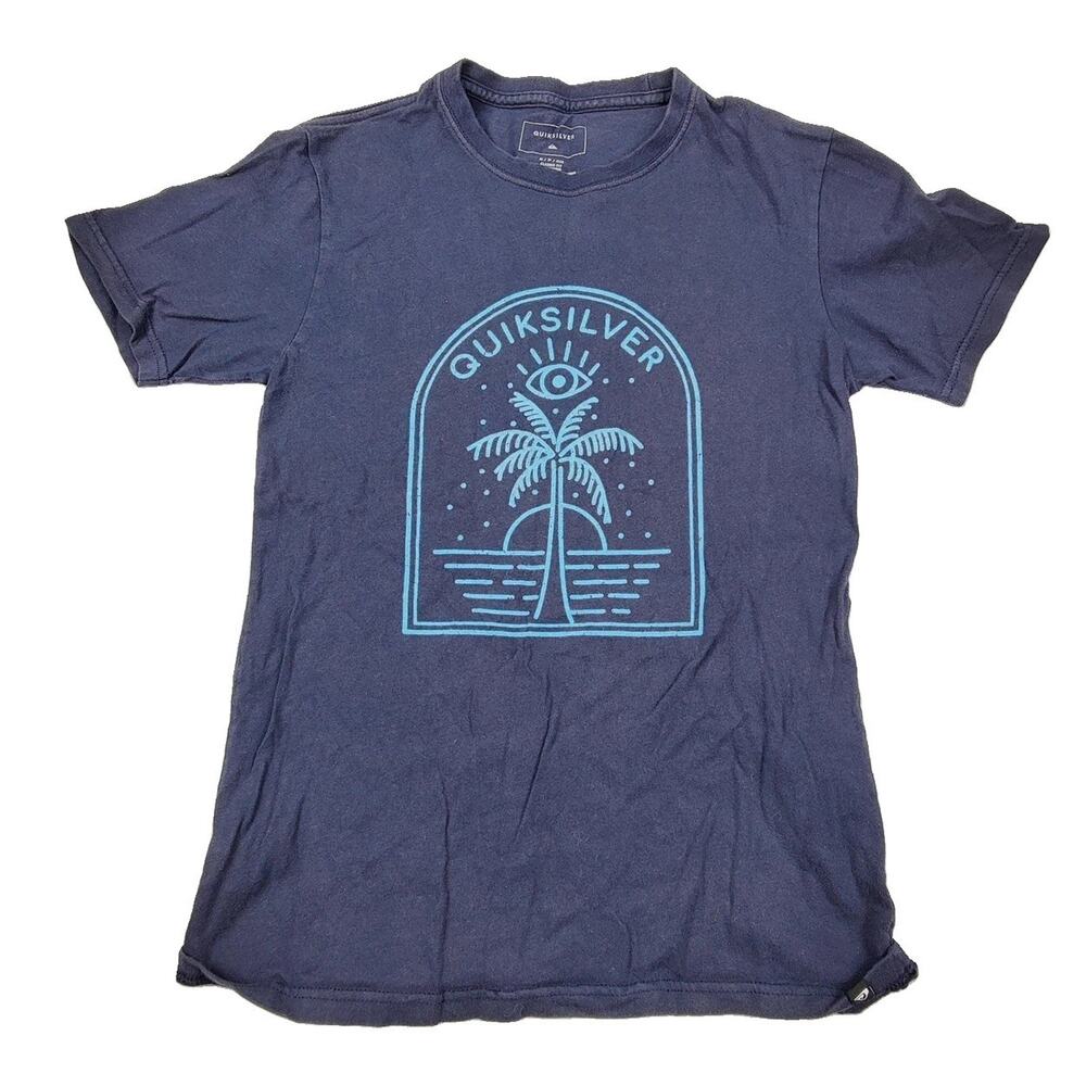 Quiksilver Shirt Mens Small Blue Palm Tree Graphic Tee Tagless Surf Beach